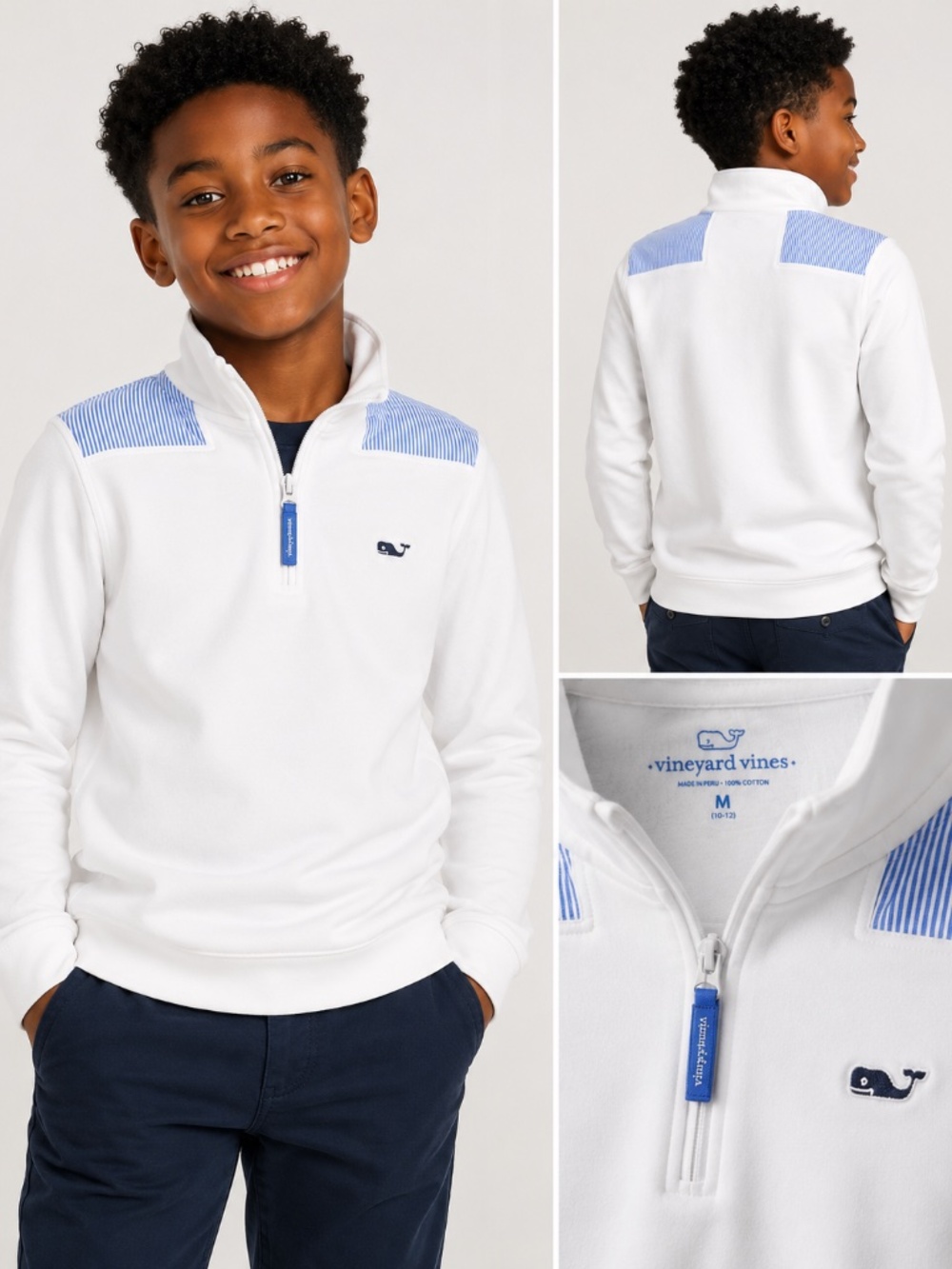 Vineyard Vines Kids White Quarter Zip Pullover Blue Stripe M 10-12